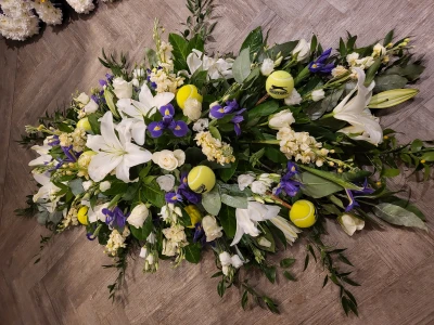 Tennis inspired coffin spray - Tennis inspired Yellow,white and purple coffin spray.