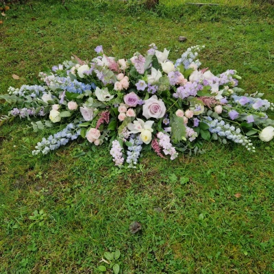 Beautiful pastel coffin spray - <p>Stunning country coffin spray including roses, delphinium, stocks.</p>