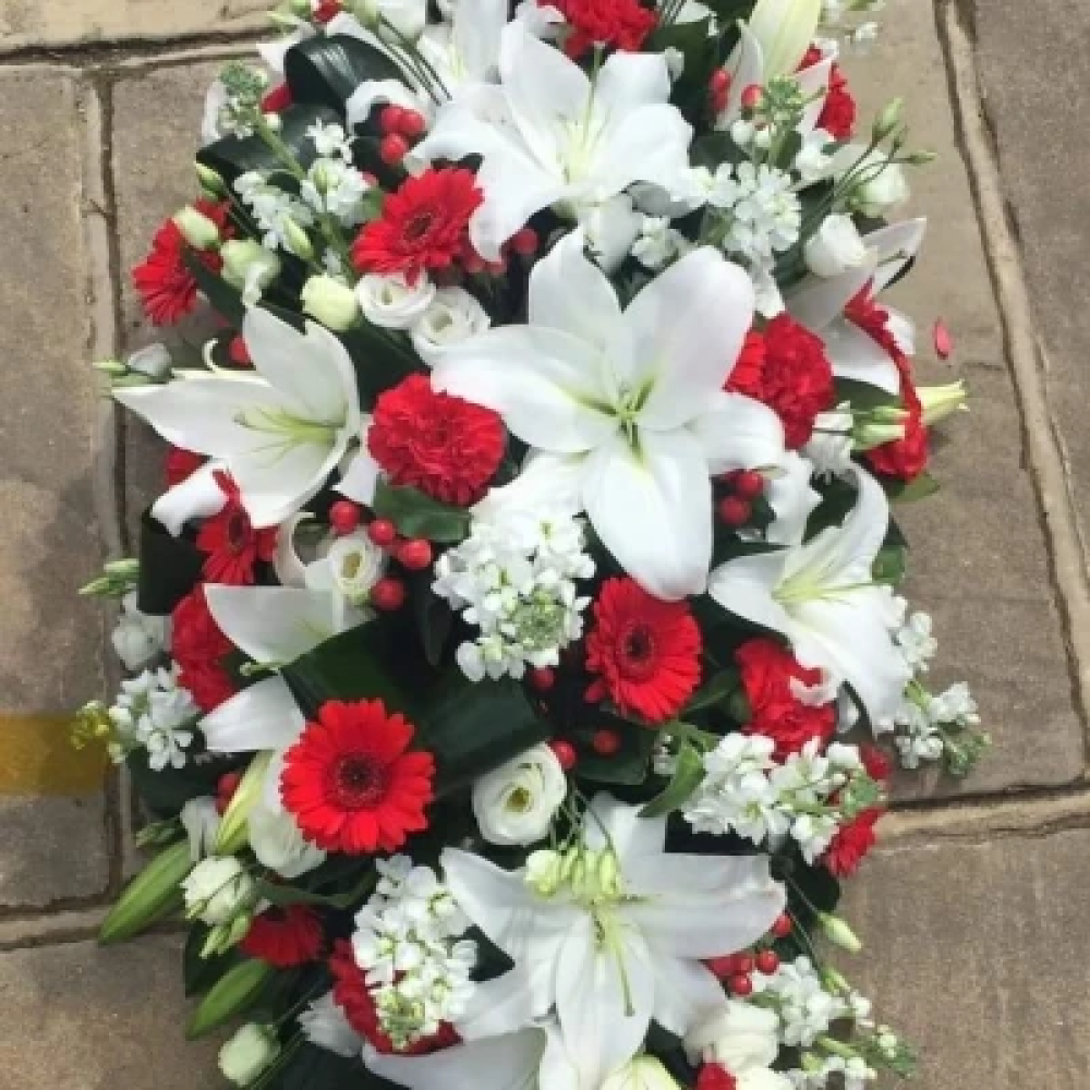 Red and white coffin